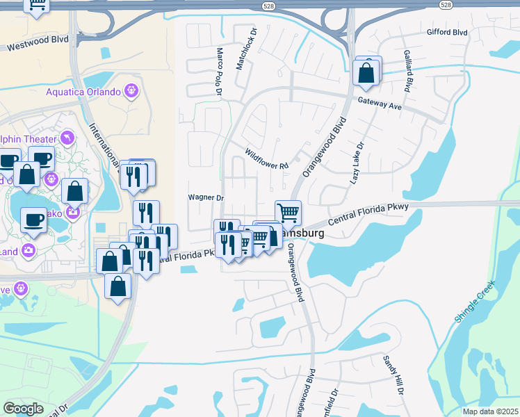map of restaurants, bars, coffee shops, grocery stores, and more near 5330 Webb Court in Orlando