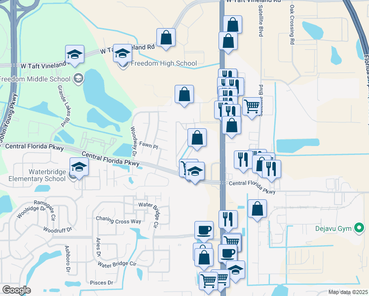 map of restaurants, bars, coffee shops, grocery stores, and more near 9916 Sweepstakes Lane in Orlando