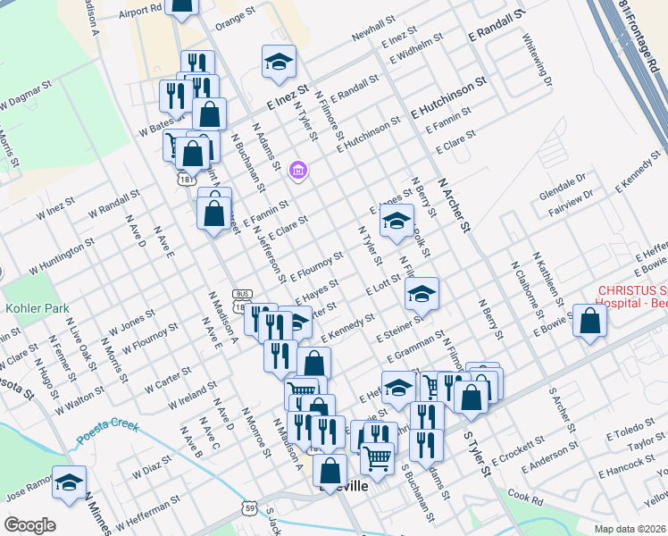 map of restaurants, bars, coffee shops, grocery stores, and more near 806 North Adams Street in Beeville