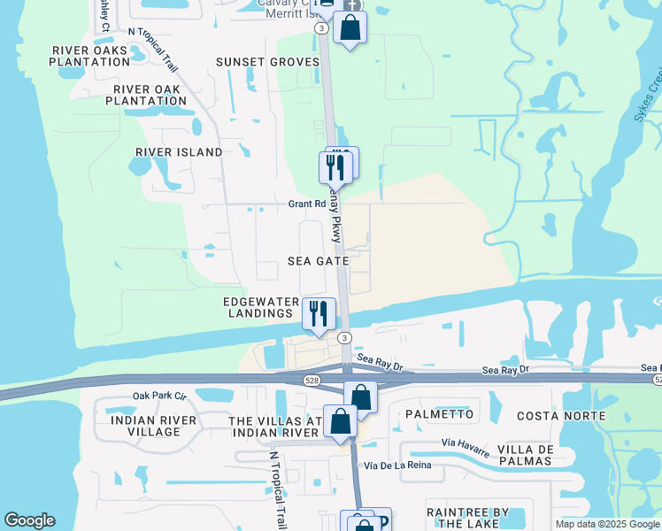 map of restaurants, bars, coffee shops, grocery stores, and more near 3021 Sea Gate Circle in Merritt Island