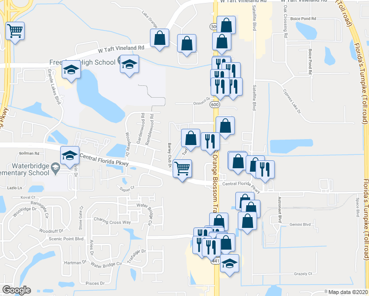 map of restaurants, bars, coffee shops, grocery stores, and more near 9916 Sweepstakes Lane in Orlando