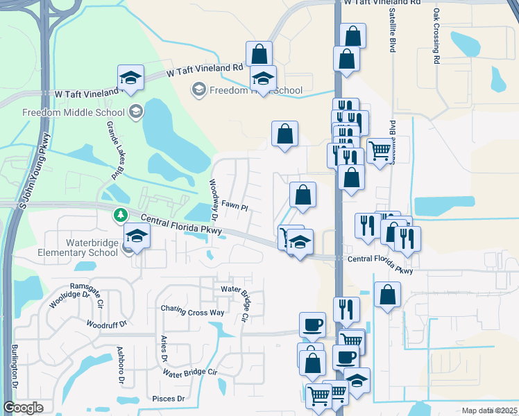 map of restaurants, bars, coffee shops, grocery stores, and more near 2313 Fawn Place in Orlando