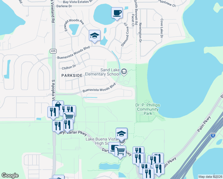 map of restaurants, bars, coffee shops, grocery stores, and more near 8306 Ludington Circle in Orlando