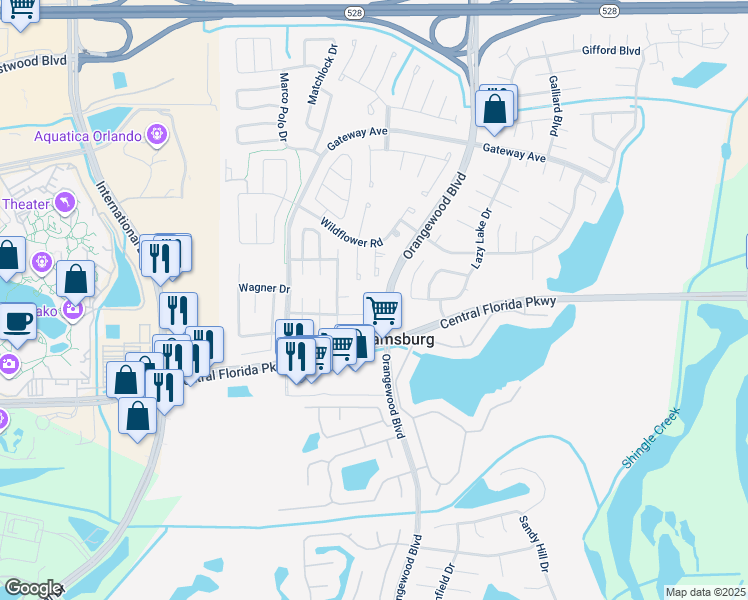 map of restaurants, bars, coffee shops, grocery stores, and more near 10820 Wheaton Court in Orlando
