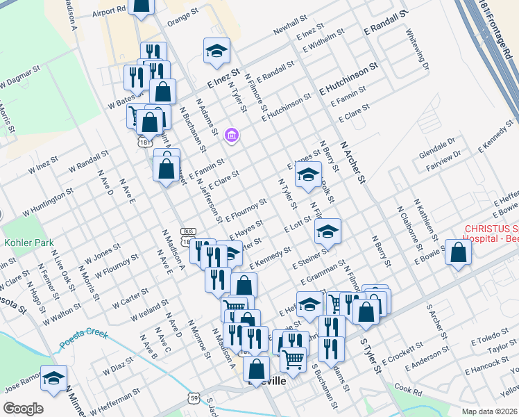map of restaurants, bars, coffee shops, grocery stores, and more near 806 North Adams Street in Beeville