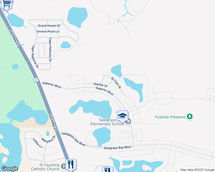 map of restaurants, bars, coffee shops, grocery stores, and more near 15824 Starlite Street in Clermont