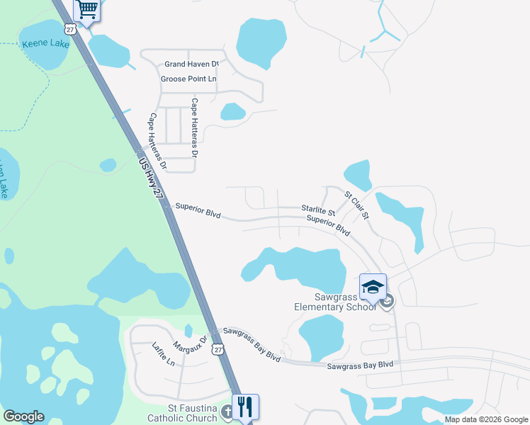 map of restaurants, bars, coffee shops, grocery stores, and more near 15644 Starlite Street in Clermont