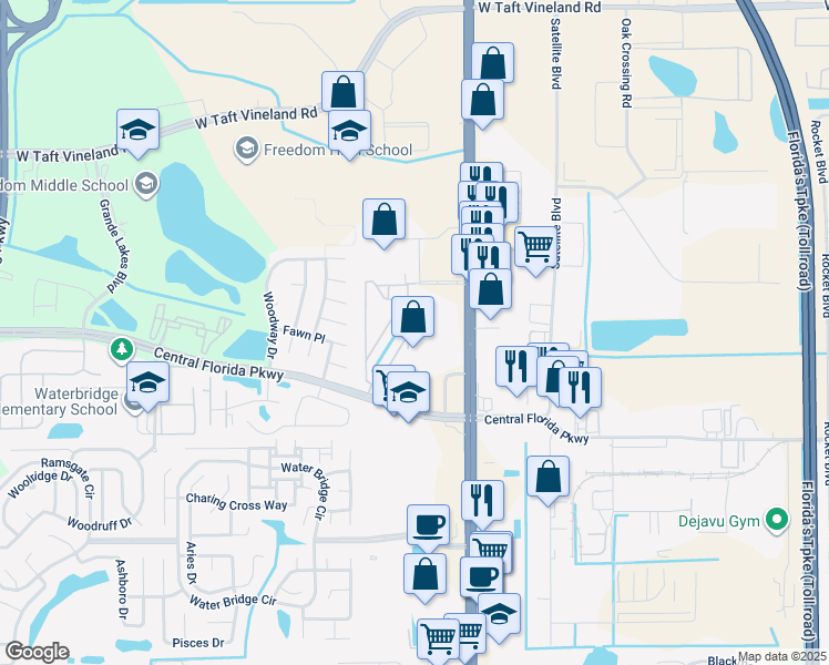 map of restaurants, bars, coffee shops, grocery stores, and more near 9911 Turf Court in Orlando