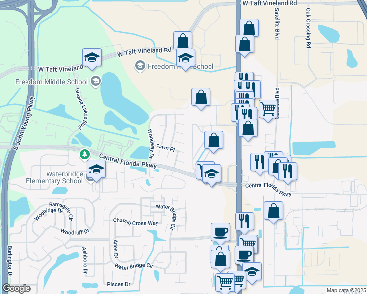 map of restaurants, bars, coffee shops, grocery stores, and more near 2313 Fawn Place in Orlando