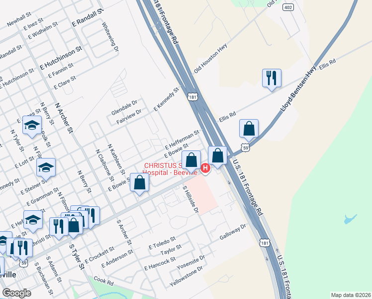 map of restaurants, bars, coffee shops, grocery stores, and more near 1511 East Rosewood Street in Beeville