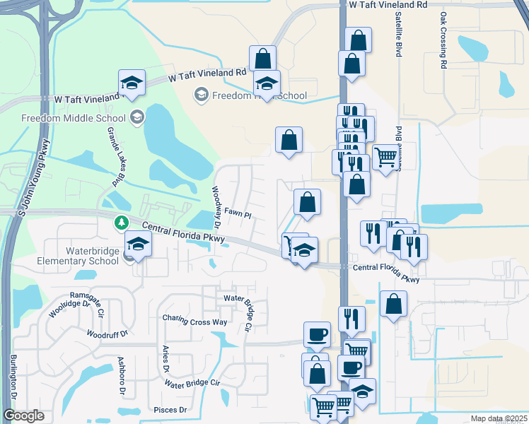 map of restaurants, bars, coffee shops, grocery stores, and more near 2313 Fawn Place in Orlando