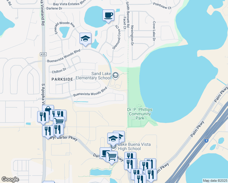 map of restaurants, bars, coffee shops, grocery stores, and more near 8259 Ludington Circle in Orlando