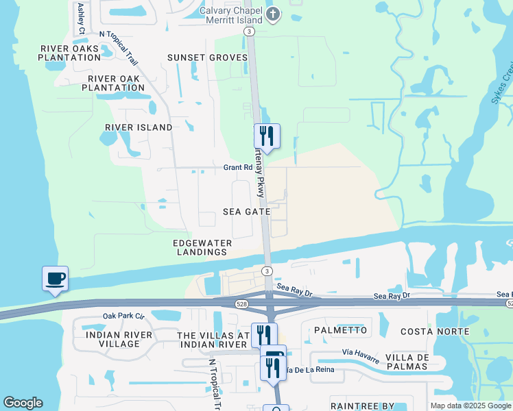 map of restaurants, bars, coffee shops, grocery stores, and more near 3021 Sea Gate Circle in Merritt Island