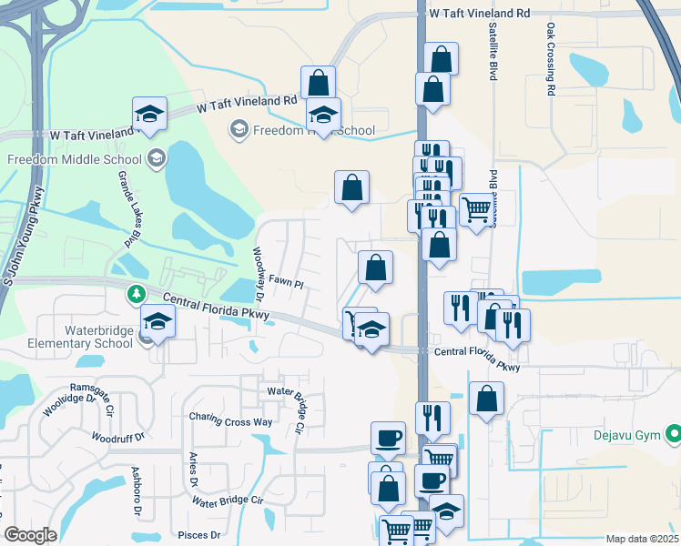 map of restaurants, bars, coffee shops, grocery stores, and more near 9916 Sweepstakes Lane in Orlando