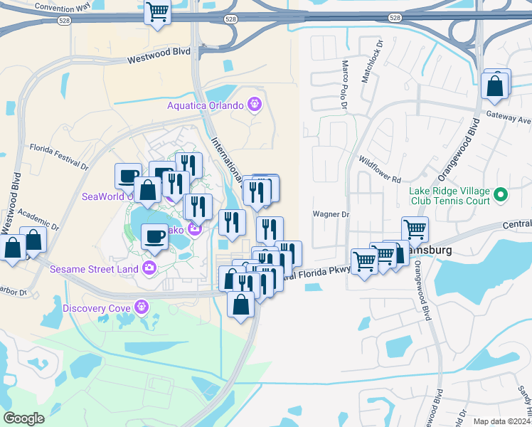 map of restaurants, bars, coffee shops, grocery stores, and more near 10725 International Drive in Orlando