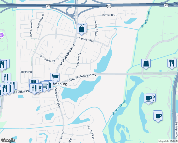 map of restaurants, bars, coffee shops, grocery stores, and more near 10634 Leafy Way in Orlando