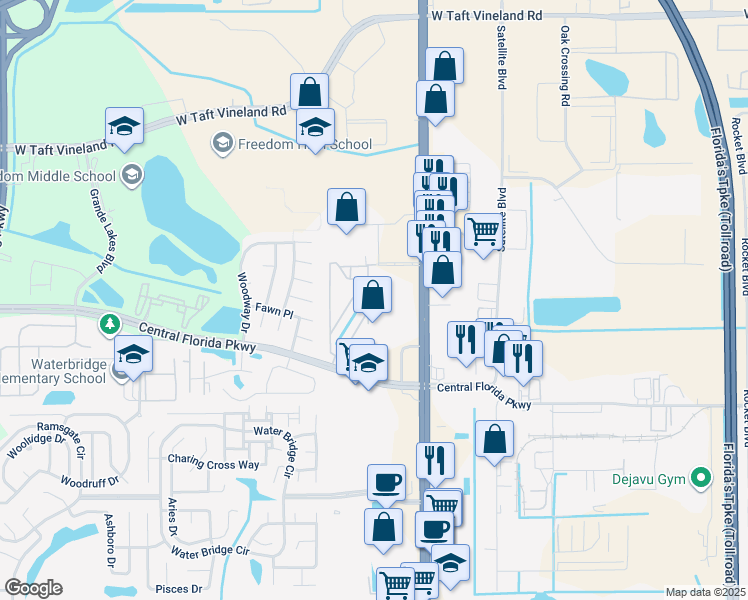 map of restaurants, bars, coffee shops, grocery stores, and more near 9825 Turf Way in Orlando