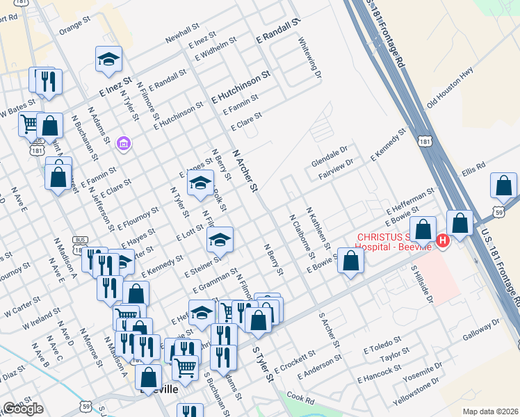 map of restaurants, bars, coffee shops, grocery stores, and more near 907 East Steiner Street in Beeville
