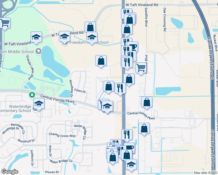 map of restaurants, bars, coffee shops, grocery stores, and more near 9911 Turf Court in Orlando