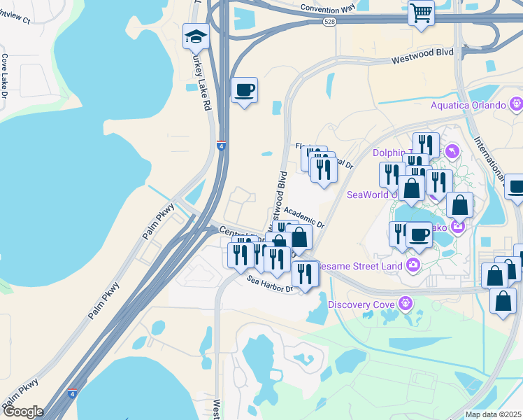map of restaurants, bars, coffee shops, grocery stores, and more near 6801 Sea Coral Drive in Orlando