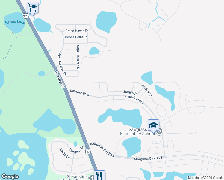 map of restaurants, bars, coffee shops, grocery stores, and more near 15644 Starlite Street in Clermont