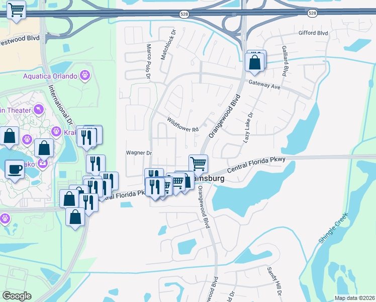 map of restaurants, bars, coffee shops, grocery stores, and more near 10826 Wheaton Court in Orlando