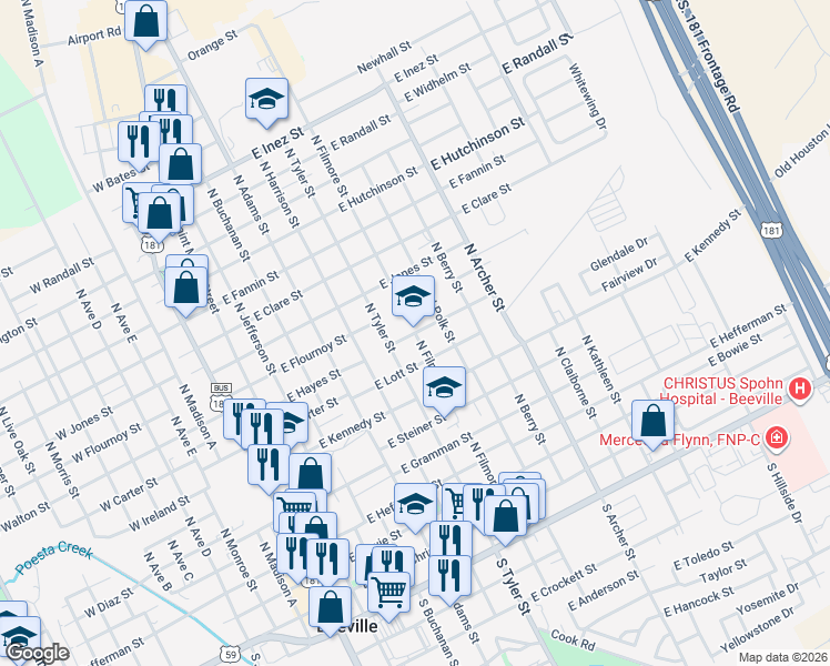 map of restaurants, bars, coffee shops, grocery stores, and more near 701 East Hayes Street in Beeville