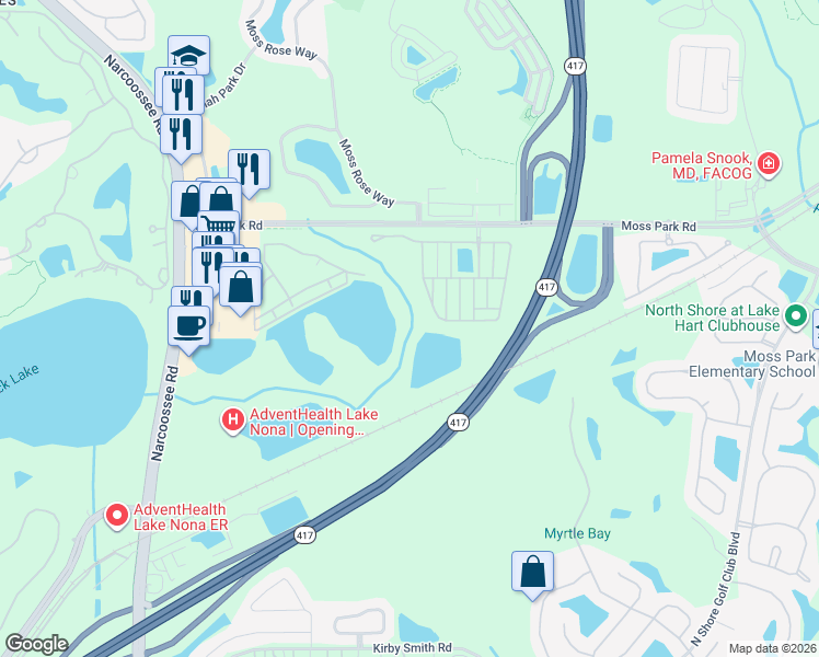 map of restaurants, bars, coffee shops, grocery stores, and more near 10902 Moss Park Road in Orlando