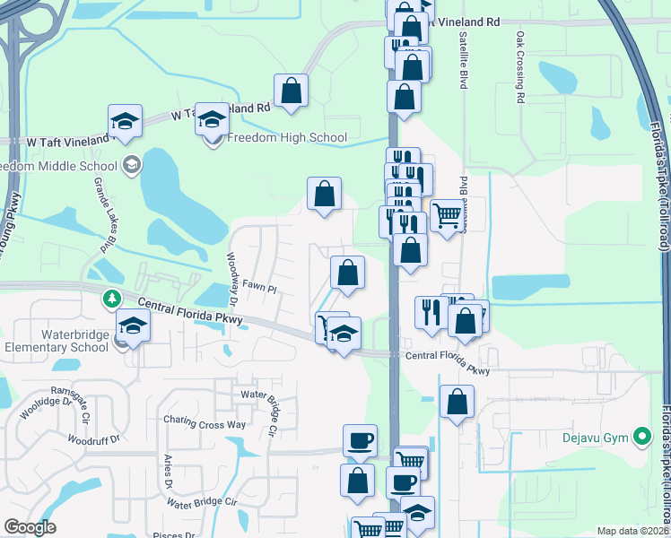 map of restaurants, bars, coffee shops, grocery stores, and more near 2424 Swailes Drive in Orlando