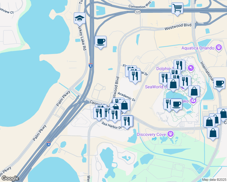 map of restaurants, bars, coffee shops, grocery stores, and more near 6801 Academic Drive in Orlando