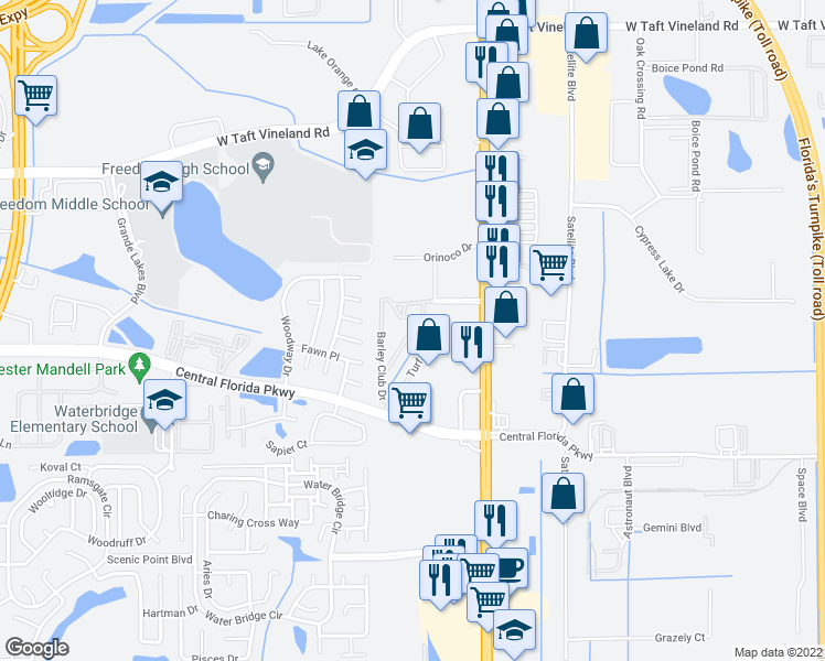 map of restaurants, bars, coffee shops, grocery stores, and more near 2424 Swailes Drive in Orlando