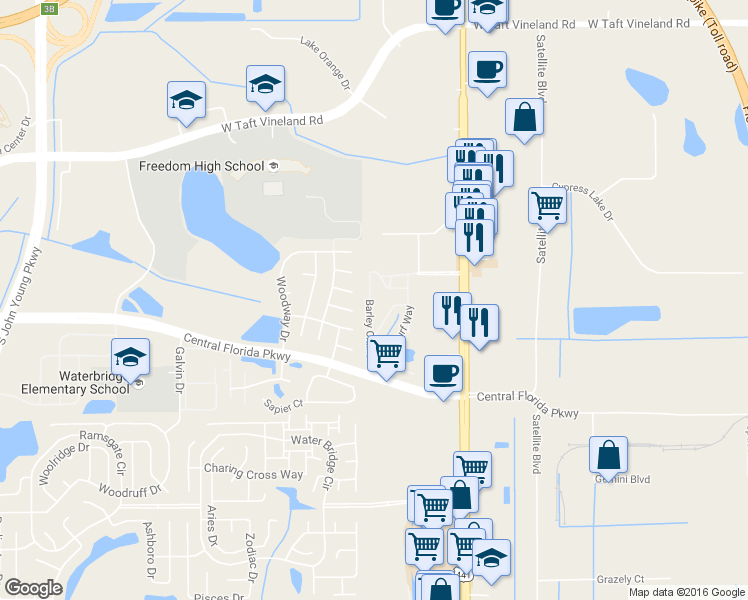 map of restaurants, bars, coffee shops, grocery stores, and more near 2424 Swailes Drive in Orlando