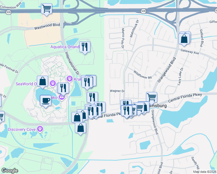 map of restaurants, bars, coffee shops, grocery stores, and more near 10713 Westbrook Drive in Orlando