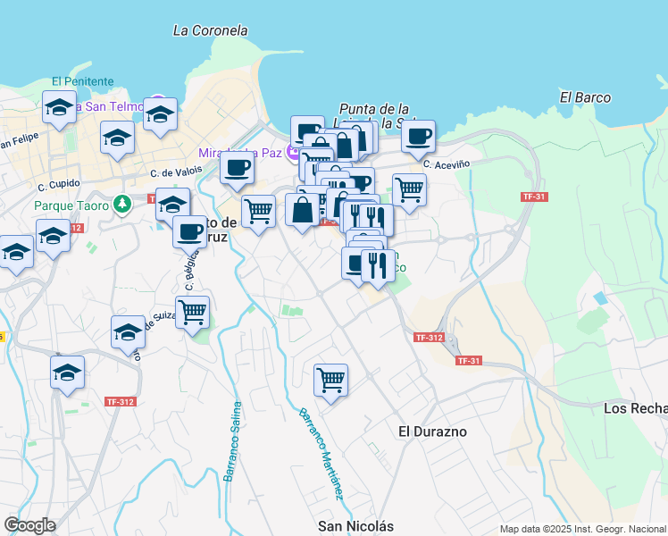 map of restaurants, bars, coffee shops, grocery stores, and more near 1 Calle Richard J. Yeoward in Puerto de la Cruz