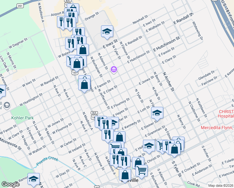 map of restaurants, bars, coffee shops, grocery stores, and more near 304 East Clare Street in Beeville