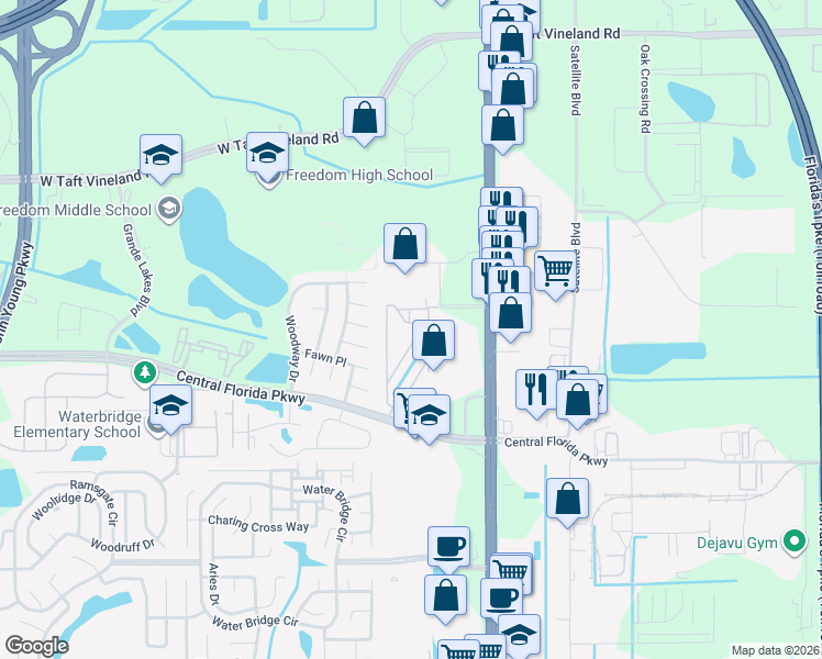 map of restaurants, bars, coffee shops, grocery stores, and more near 2424 Swailes Drive in Orlando
