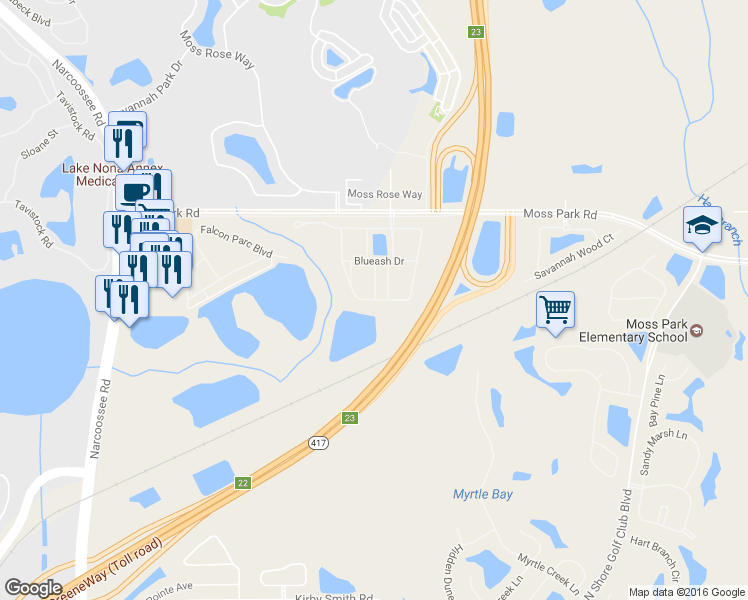 map of restaurants, bars, coffee shops, grocery stores, and more near Savannah Landing Circle in Orlando