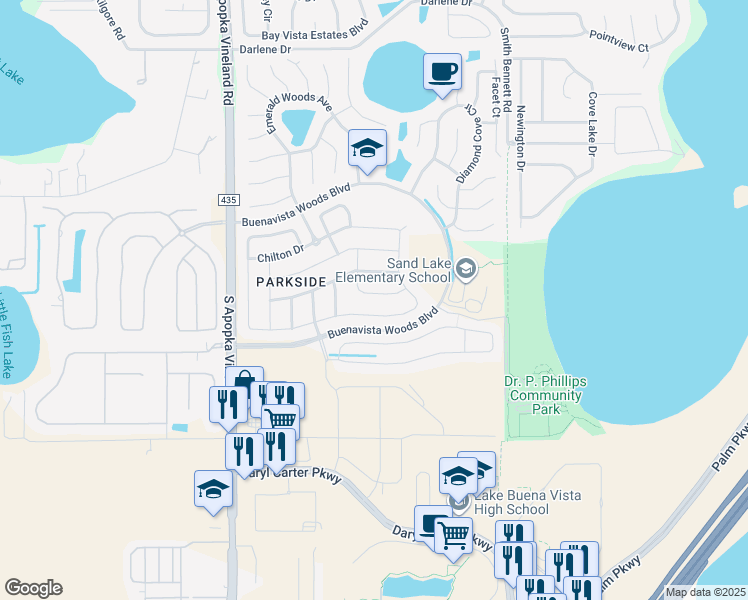 map of restaurants, bars, coffee shops, grocery stores, and more near 8419 Karwick Street in Orlando