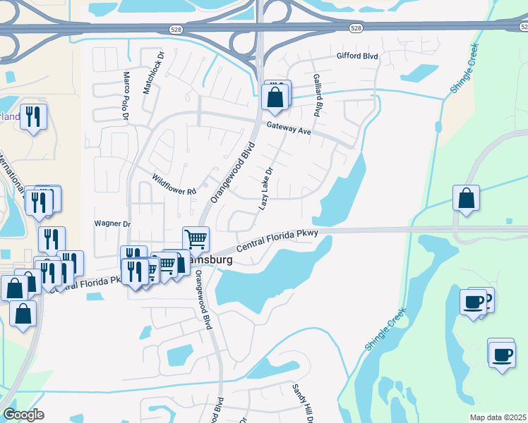 map of restaurants, bars, coffee shops, grocery stores, and more near 10601 Lazy Lake Drive in Orlando