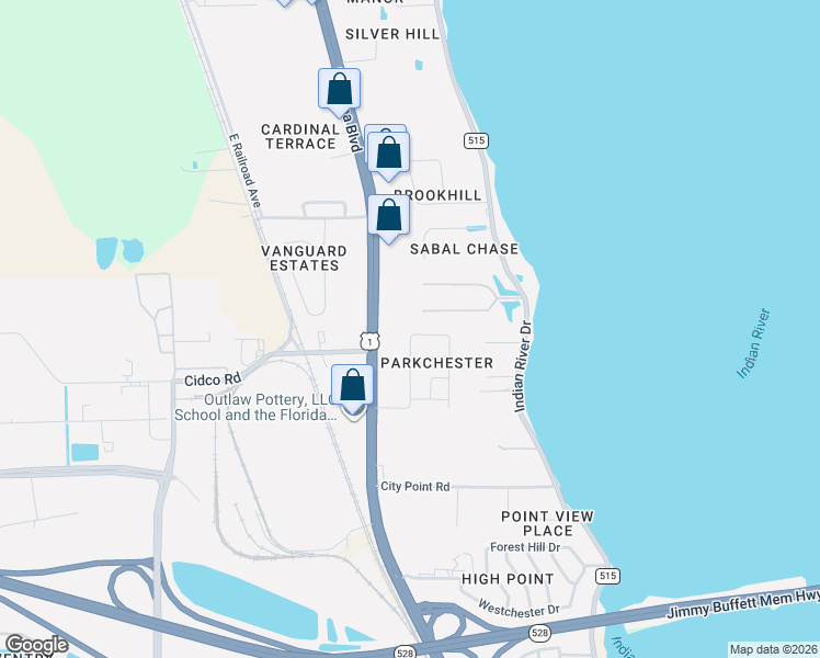 map of restaurants, bars, coffee shops, grocery stores, and more near 314 North Roundtree Drive in Cocoa