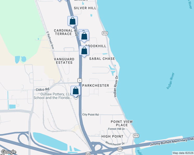 map of restaurants, bars, coffee shops, grocery stores, and more near 133 South Twin Lakes Road in Cocoa