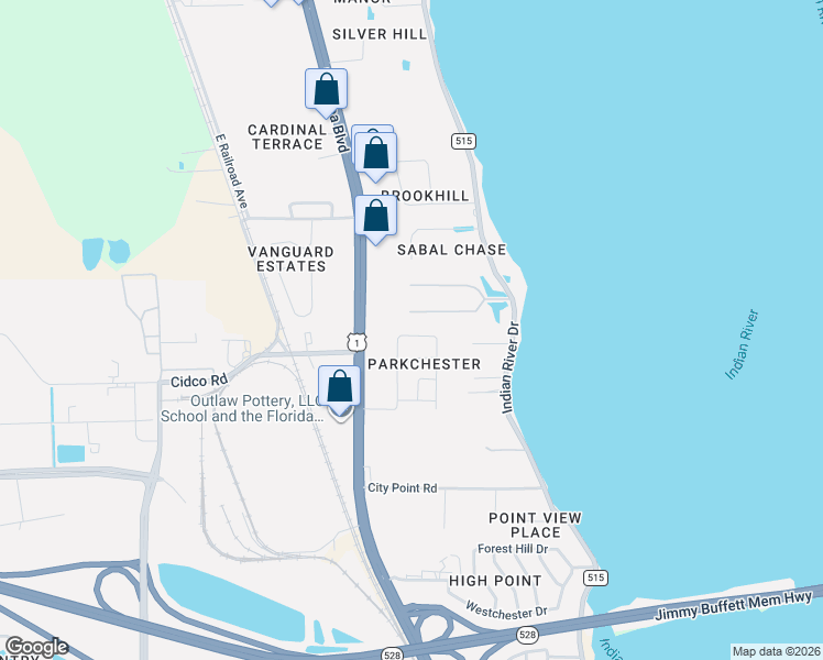 map of restaurants, bars, coffee shops, grocery stores, and more near 133 South Twin Lakes Road in Cocoa