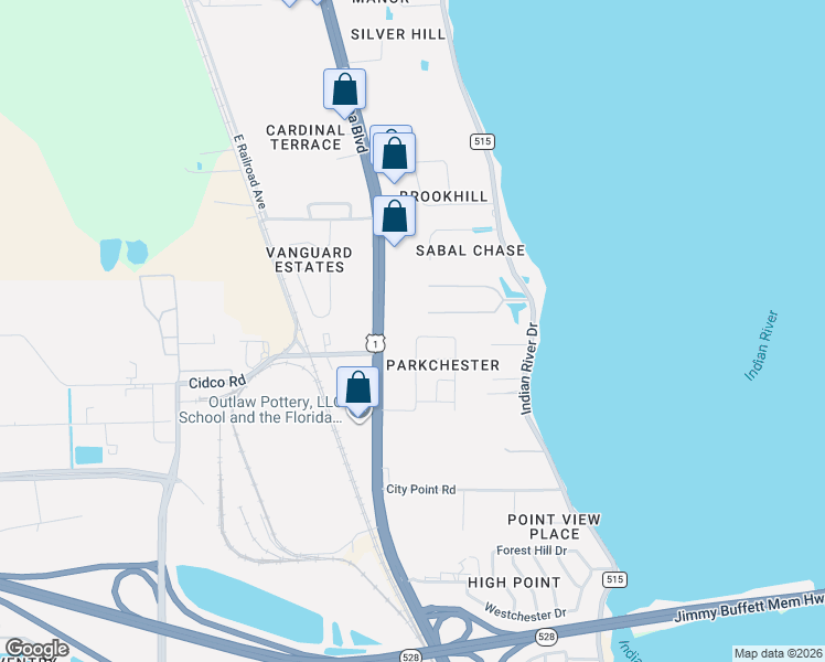 map of restaurants, bars, coffee shops, grocery stores, and more near 314 North Roundtree Drive in Cocoa