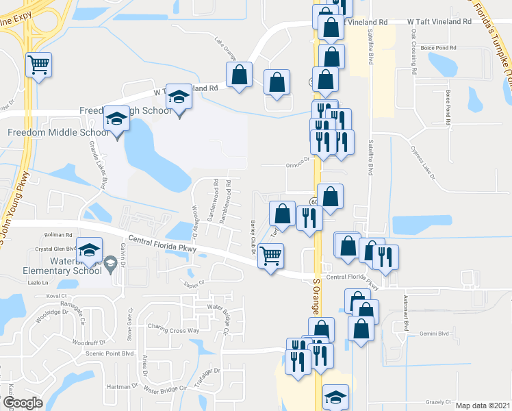 map of restaurants, bars, coffee shops, grocery stores, and more near 2424 Swailes Drive in Orlando