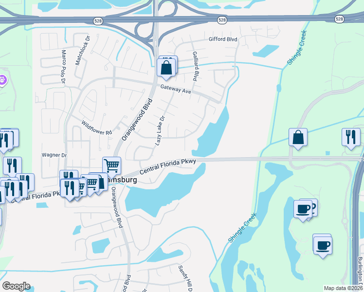 map of restaurants, bars, coffee shops, grocery stores, and more near 10630 Larissa Street in Orlando