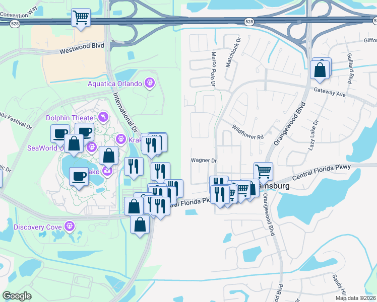 map of restaurants, bars, coffee shops, grocery stores, and more near 10713 Westbrook Drive in Orlando
