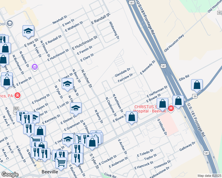 map of restaurants, bars, coffee shops, grocery stores, and more near 1500 East Kennedy Street in Beeville