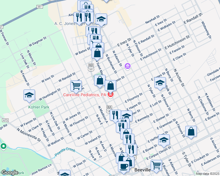 map of restaurants, bars, coffee shops, grocery stores, and more near 1109 North Saint Marys Street in Beeville