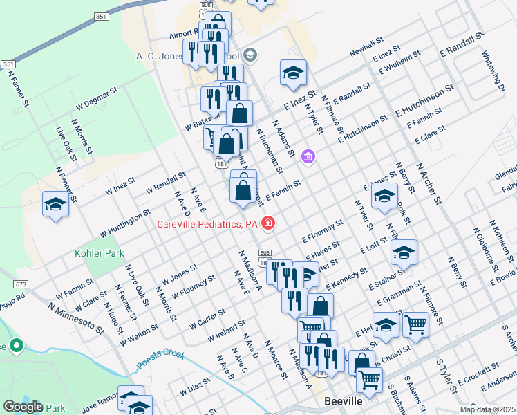 map of restaurants, bars, coffee shops, grocery stores, and more near 1109 North Saint Marys Street in Beeville