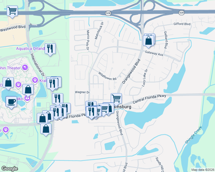 map of restaurants, bars, coffee shops, grocery stores, and more near 10708 William Tell Drive in Orlando